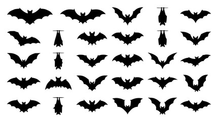 Fototapeta premium Bat silhouettes set with various poses featuring flying bats, hanging bats, wing spread and isolated shapes with black and white design
