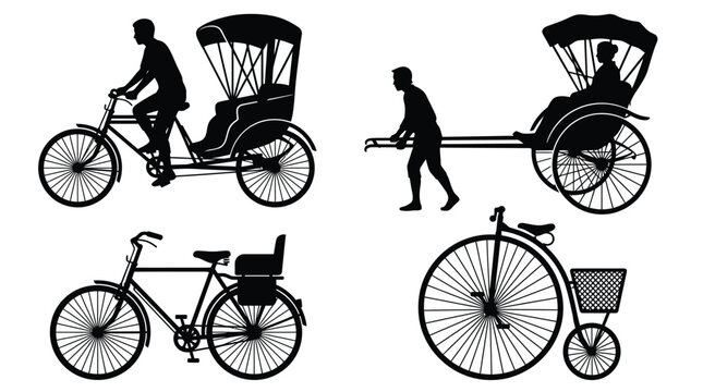 Detailed vector illustration set featuring various vintage transport silhouettes like rickshaws bicycles and old urban carriages