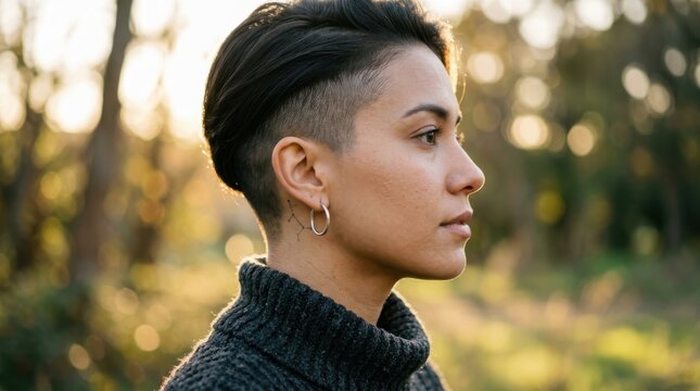 Confident young woman with modern undercut hairstyle standing outdoors in the golden hour sunlight gazing thoughtfully into the distance profile view