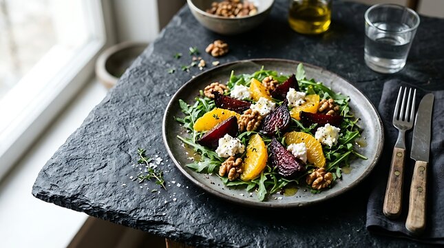 Fresh beetroot salad with orange segments walnuts and goat cheese on a slate table