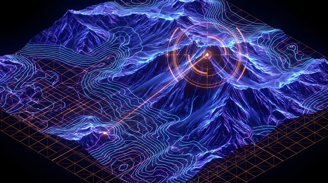 Advanced digital drone control interface featuring detailed 3D topographic map with glowing neon contour lines and precise target acquisition radar for geospatial aviation monitoring.