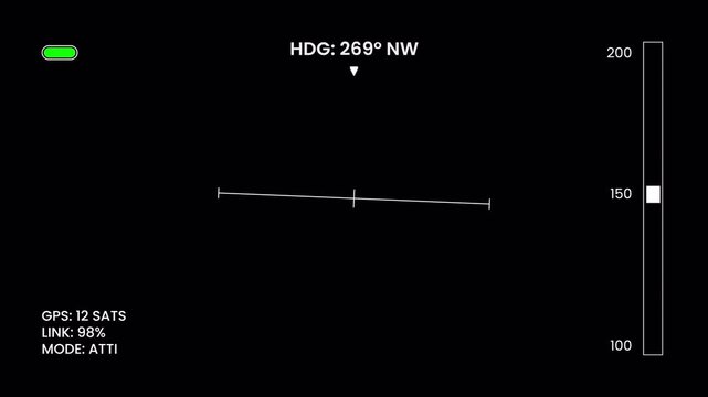 Drone camera hud viewfinder overlay with gps data and attitude indicator on black background