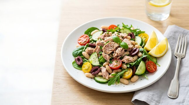 Fresh mediterranean tuna salad with cannellini beans cucumber olives and cherry tomatoes on a white plate