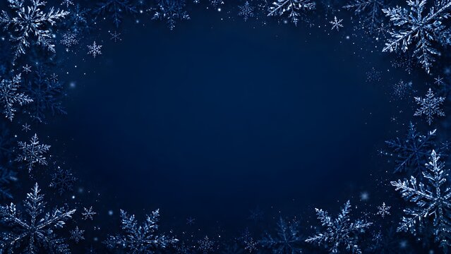Stunning winter background with sparkling snowflakes forming a festive frame on a dark blue background