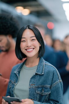 Young woman smiling with smartphone in crowded public space lifestyle portrait for website banner and marketing