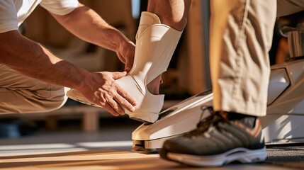 Fototapeta premium Technician adjusting boot fitting on patient foot with hands