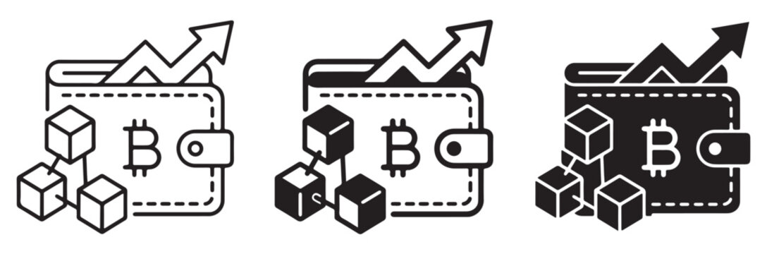 Three variations of a cryptocurrency wallet with bitcoin symbol and blockchain cubes.