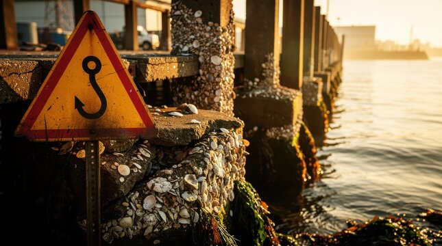 Hook warning sign on a shell-covered pier. Concrete dock structures encrusted with barnacles at sunset. Marine safety concept, ideal for maritime transport and harbor logistics marketing.
