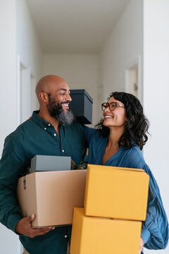 Smiling couple balancing stacked moving boxes in narrow hallway for moving announcement poster and relocation design