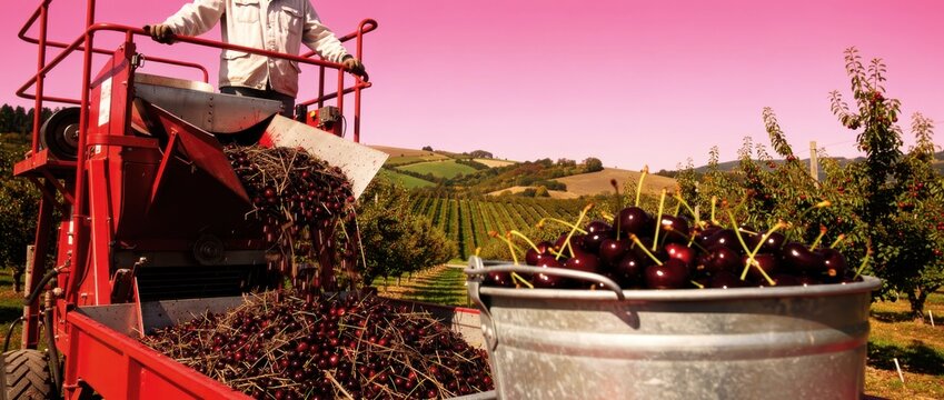 Agricultural machine pouring fresh cherries into a collection bin in an orchard. Worker operating industrial machinery during fruit harvest. Modern farming concept for agribusiness marketing.