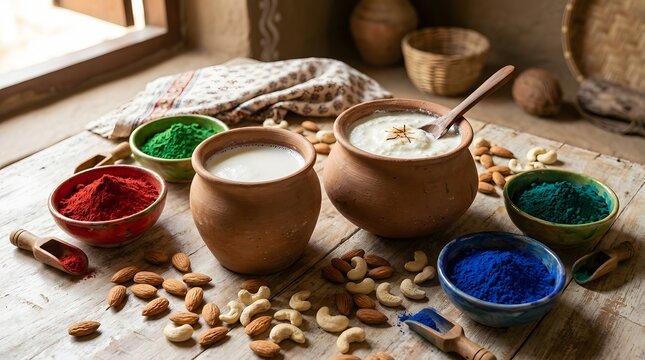 Natural colorful powder dyes in bowls for Holi festival celebration and organic cosmetics.