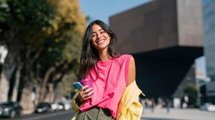 Obraz premium Smiling woman holding coffee and smartphone on urban street for lifestyle banner design and background use
