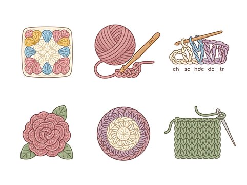 Crafting symbols illustrating knitting and crochet techniques and motifs