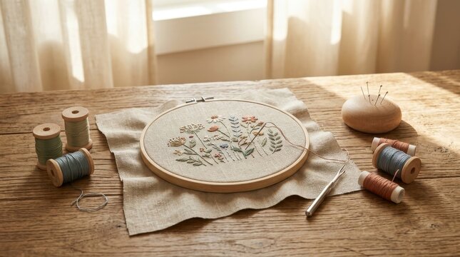 Cozy handicraft flat lay with floral embroidery hoop wooden spools of thread and sewing needles on a rustic wooden table in natural light