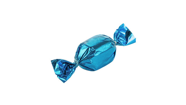 Sweet candy wrapped in a bright blue foil wrapper isolated on transparent background