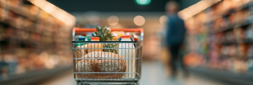 Grocery shopping cart with fresh bread milk and pineapple in supermarket aisle for banner background and retail design