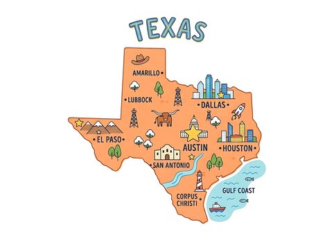 State map illustration with city icons and landmark symbols