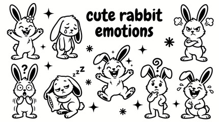 Obraz premium cute rabbit emotions featuring happy sad angry surprised sleepy excited scared confused and laughing vector set for children emotions education stickers social media messaging animal characters