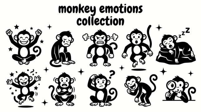 funny monkey emotions featuring happy sad angry surprised sleepy excited scared confused laughing and curious set for children emotions education stickers messaging social media animal characters