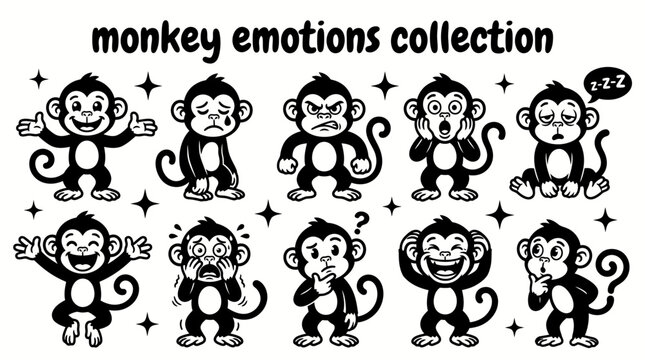 funny monkey emotions featuring happy sad angry surprised sleepy excited scared confused laughing and curious set for children emotions education stickers messaging social media animal characters