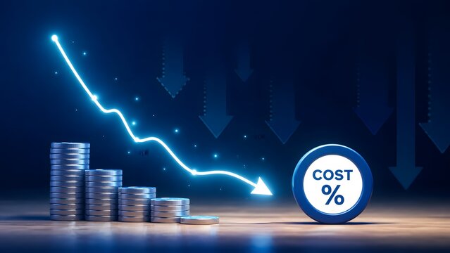 Financial cost reduction concept showing descending neon graph line with shrinking coin stacks and glowing downward arrows