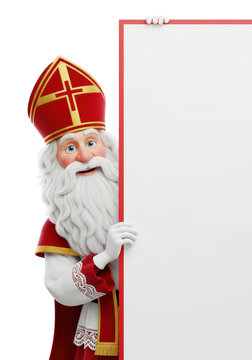 Highly detailed 3d render of cheerful sinterklaas with red velvet miter, peeking around a blank sign against a silver-gray studio background. Concept for dutch holiday advertising