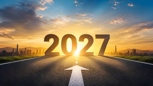 New year 2027 concept with large text standing on highway road pointing forward to bright city skyline sunrise