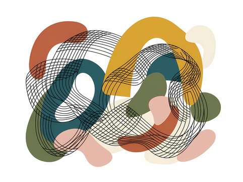 Abstract composition with flowing lines and organic colorful shapes on white background.