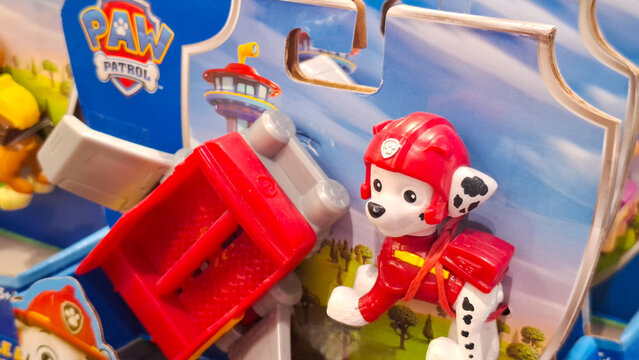 Paw Patrol Marshall Dalmatian dog firefighter figure toy with fire truck packaged in retail store on July 27, 2026 in Bangkok, Thailand 