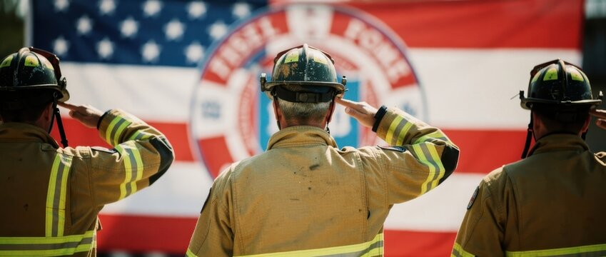 Firefighters saluting American flag from behind. Three first responders in uniform honoring fallen heroes during a ceremony. Patriotism and service concept for memorial day or national pride ads.