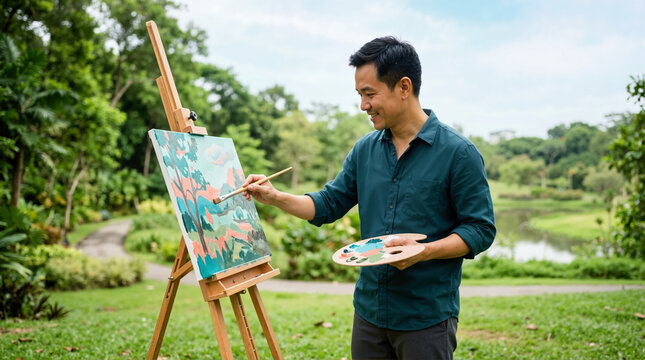 Asian man painting a landscape on a canvas outdoors. Smiling male artist using a wooden easel and palette in a green park. Creative hobby and plein air art concept