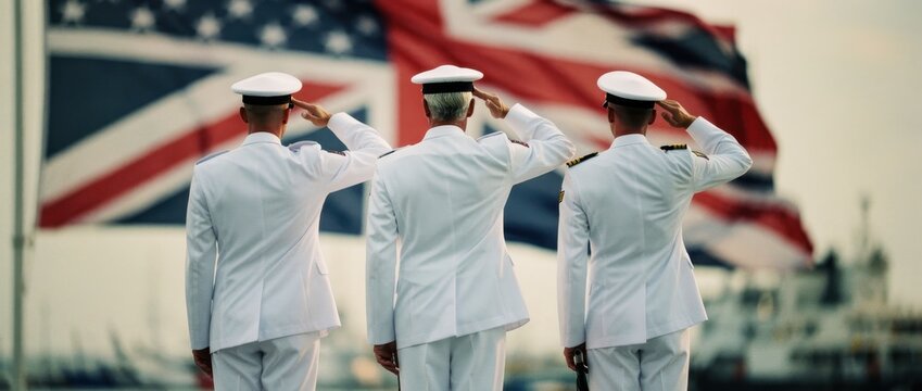 Three naval officers saluting in white dress uniforms. Soldiers standing before American and British flags at sea. Military alliance concept for patriotic and memorial marketing.
