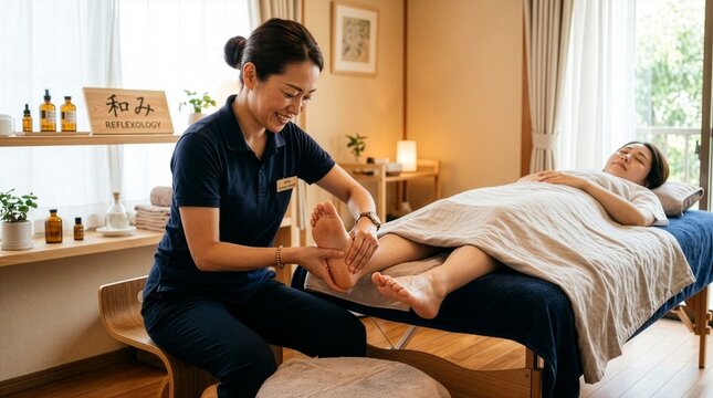 Female staff member performing a reflexology treatment.