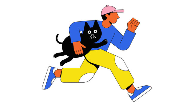 man running with black cat