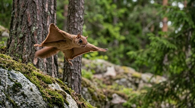 Flying squirrel gliding near mossy rocks in a forest. Wild animal soaring through woodland trees