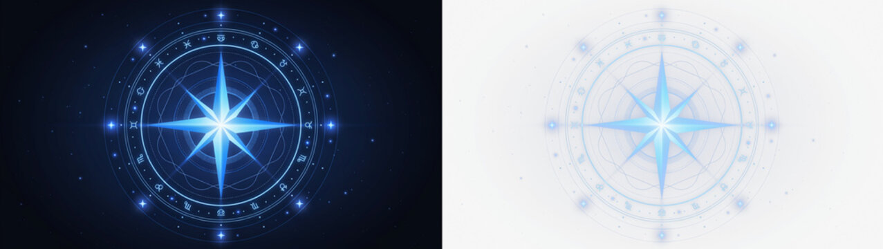 Abstract celestial compass with star and zodiac signs isolated on transparent background