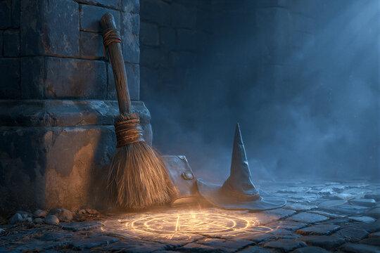 Vintage broom, witch hat, grimoire beside glowing magic circle, moody fog, warm gold and cool blue lighting, right copy space ideal for Halloween marketing, seasonal ads and spooky campaigns