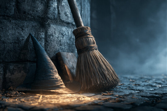 Vintage broom, witch hat, grimoire beside glowing magic circle, moody fog, warm gold and cool blue lighting, right copy space ideal for Halloween marketing, seasonal ads and spooky campaigns