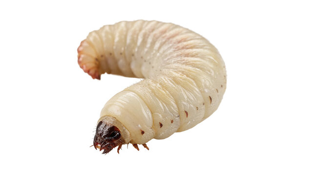 Thick white worm insect larva macro isolated on black background for fishing bait concepts