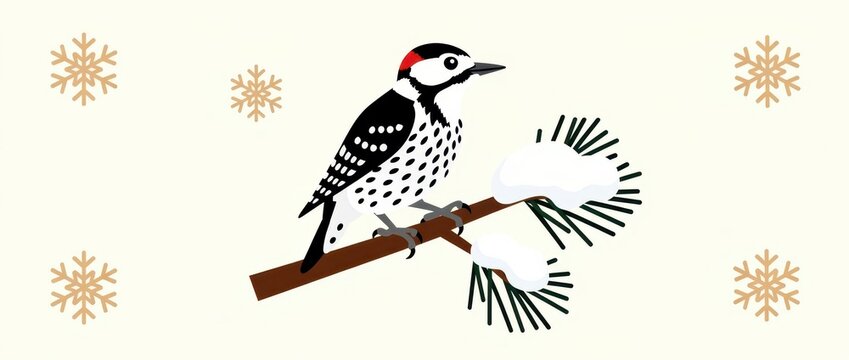 Woodpecker illustration perched on a snowy pine branch. Flat design bird graphic with gold snowflakes. Winter wildlife nature concept for holiday greetings and festive seasonal marketing.