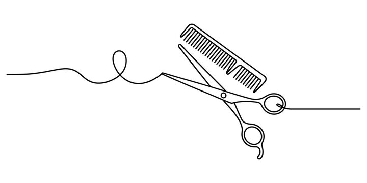 Hair scissors and hair comb continuous line drawing icon