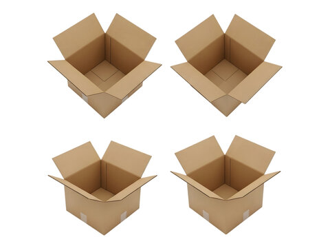 Four isometric open cardboard boxes showing different perspective angles