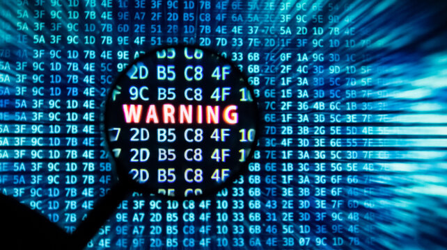 Magnifying glass focused on warning word against blue binary computer code background for digital security concepts.