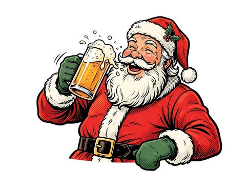 Cheerful man in santa costume drinking beer