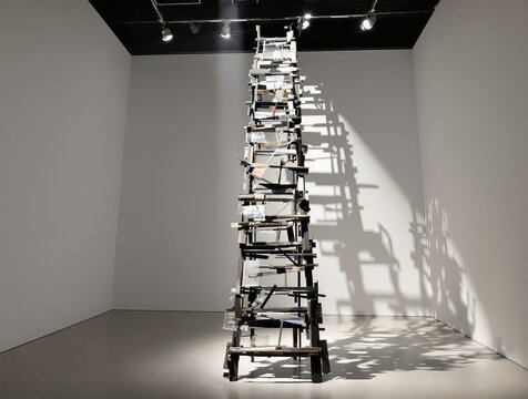 High wooden ladder sculpture art gallery success concept