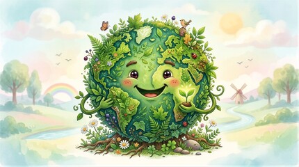 Obraz premium Anthropomorphic earth character smiling in pastoral landscape