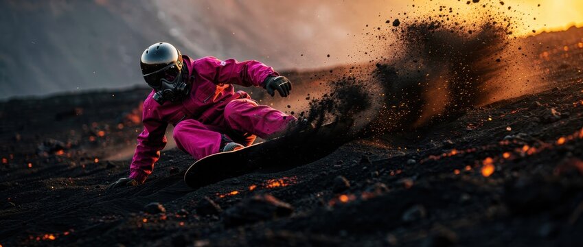 Person in pink jumpsuit and gas mask snowboarding on a volcanic ash slope. Extreme athlete carving through dark dust at sunset near lava. Sci-fi sports concept for adventure and survival campaigns.