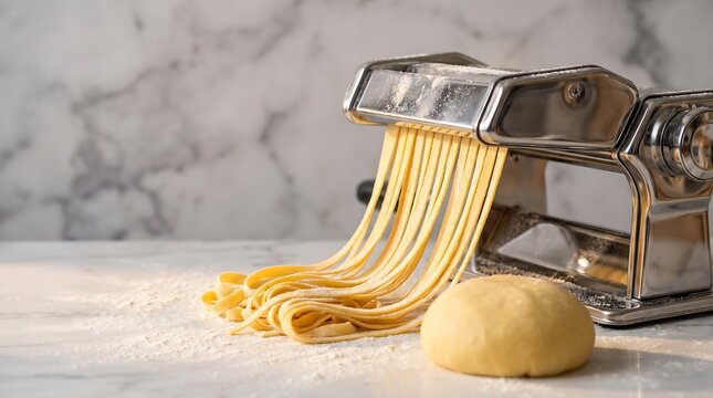 Minimalist shot of chrome pasta cutter machine producing thin yellow noodles on marble background with single dough ball and scattered flour under soft natural lighting.