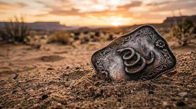 Tarnished silver western belt buckle buried in gritty desert sand. Americana lifestyle background.