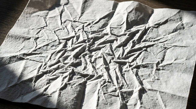Close up shot of detailed origami crease pattern on crumpled paper